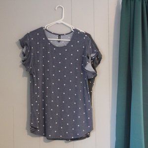 Ruffle sleeve, tunic blouse top, Heather Dusky Purple with Polka Dots